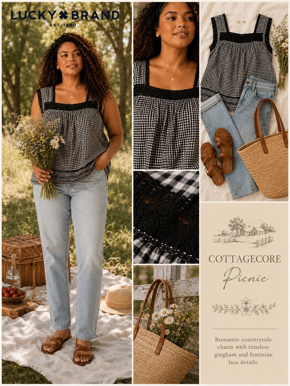 Lucky Brand Lace Trim Tank Top XXL Black Gingham Square Neck Cottagecore Boho - Picture 2 of 14